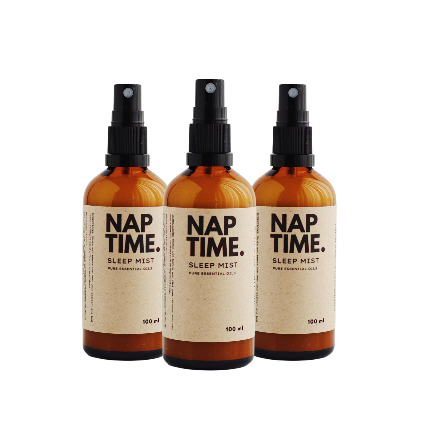 The image features Australia’s Best all-natural sleep spray, “Nap Time”. It includes three 100 ml bottles of sleep mist with spray nozzles. The Product is labelled with a minimalism design, containing pure essential oils designed to promote better sleep naturally.
