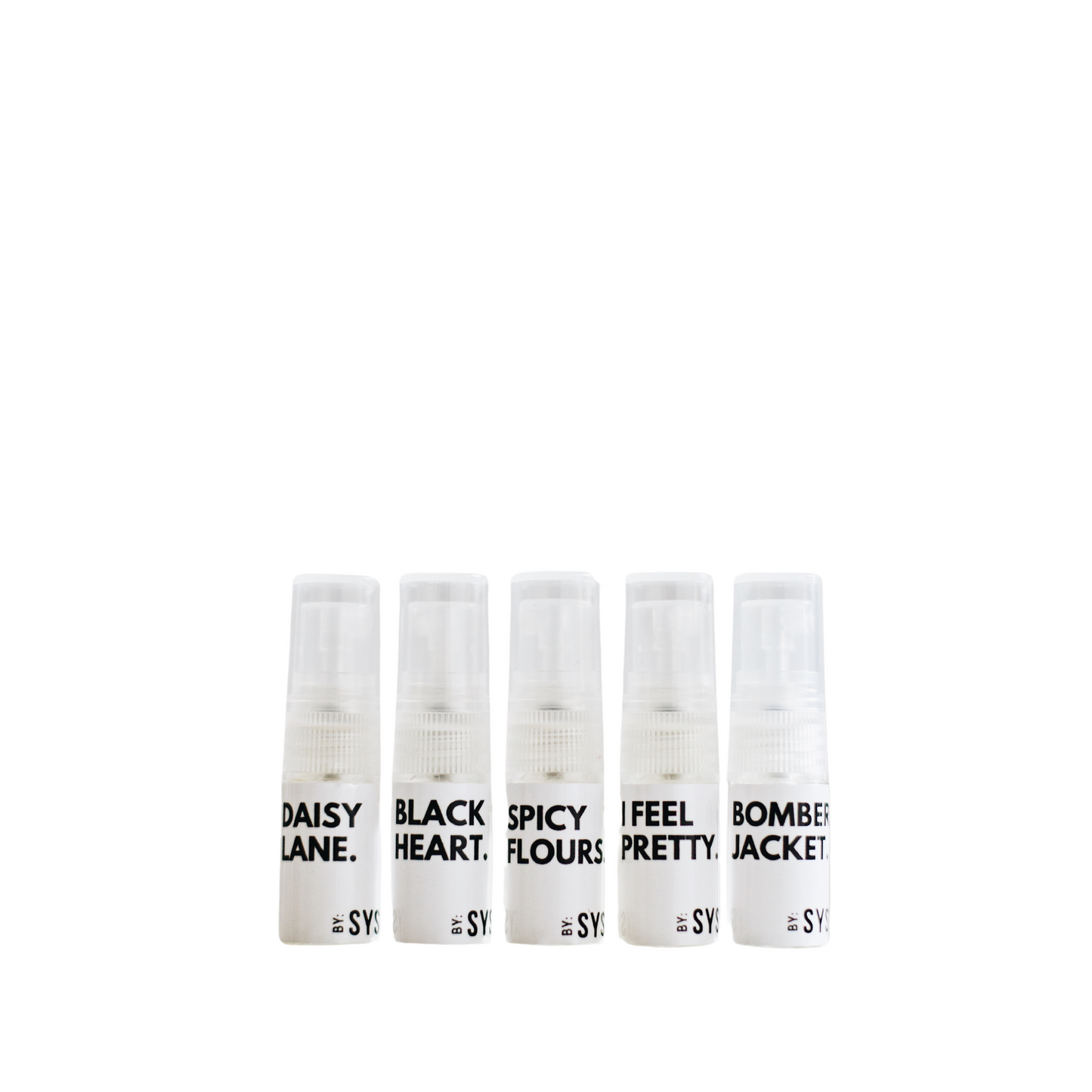 Five small clear spray bottles with black text labels, arranged in a line against a white background, containing various fragrances for sampling.