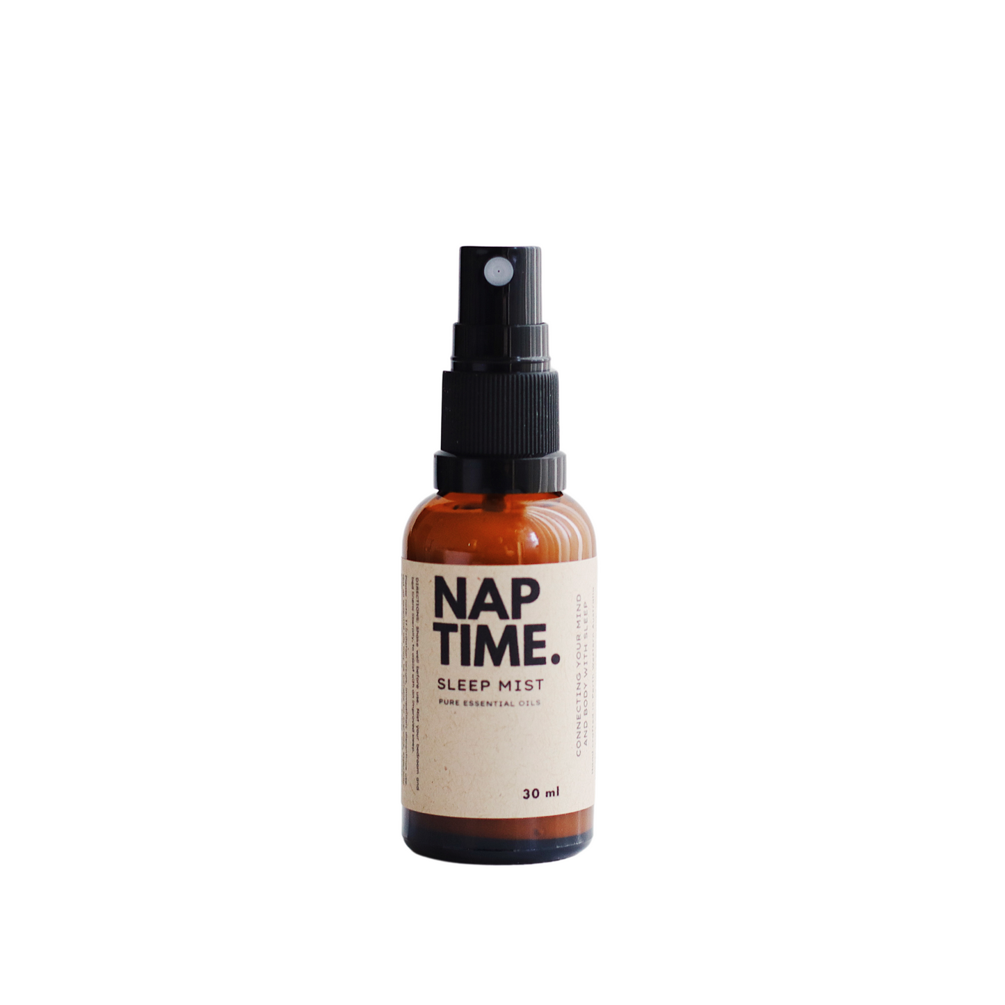 The image features Australia’s Best all-natural sleep spray “Nap Time”. It includes one 30ml bottle of sleep mist with spray nozzles. The Product is labelled with a minimalism design, containing pure essential oils designed to promote better sleep naturally.
