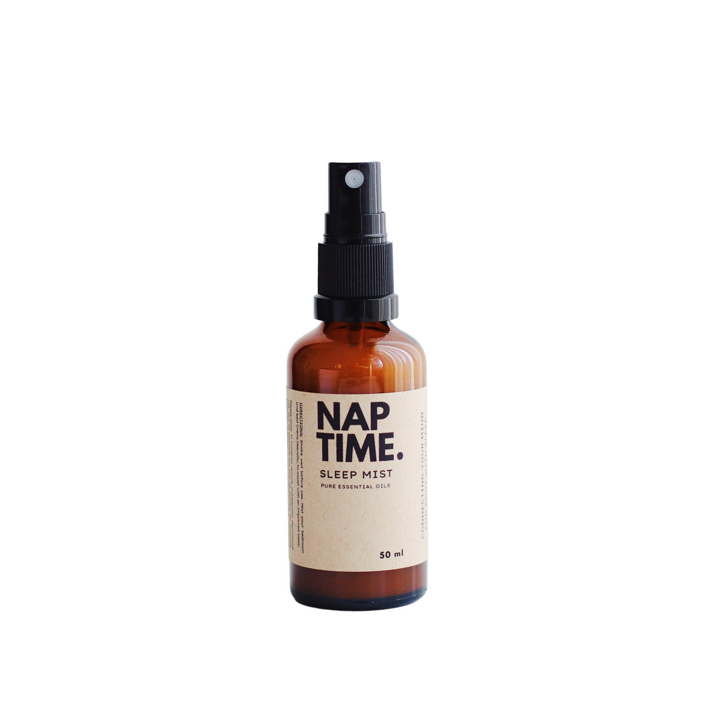 The image features Australia’s Best all-natural sleep spray “Nap Time”. It includes one 50ml bottle of sleep mist with spray nozzles. The Product is labelled with a minimalism design, containing pure essential oils designed to promote better sleep naturally