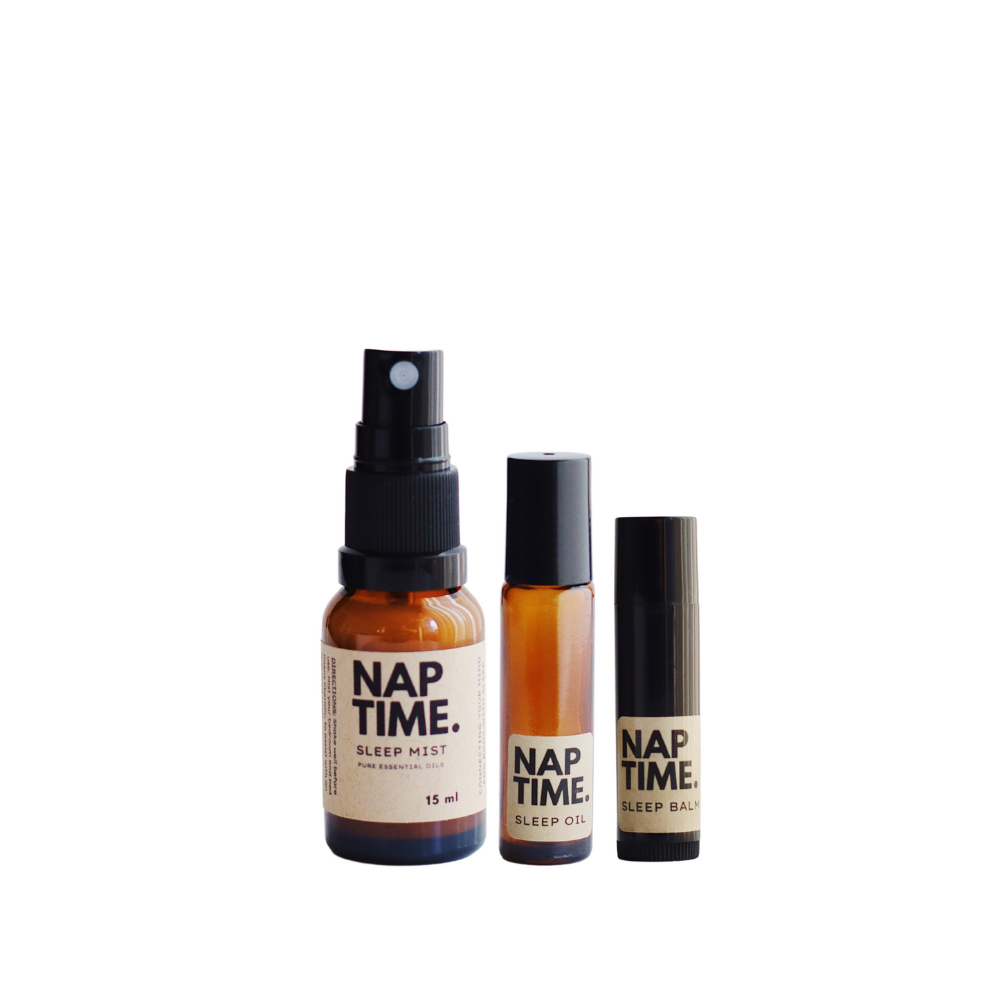The image features Australia’s Best all natural sleep solution products. It includes one 15 ml bottle of sleep mist with spray nozzles, one smaller roller ball applicator containing sleep oil and one sleep balm stick. All products are labelled with a minimalism design, containing pure essential oils designed to promote better sleep naturally. Are you ready to sleep with me?