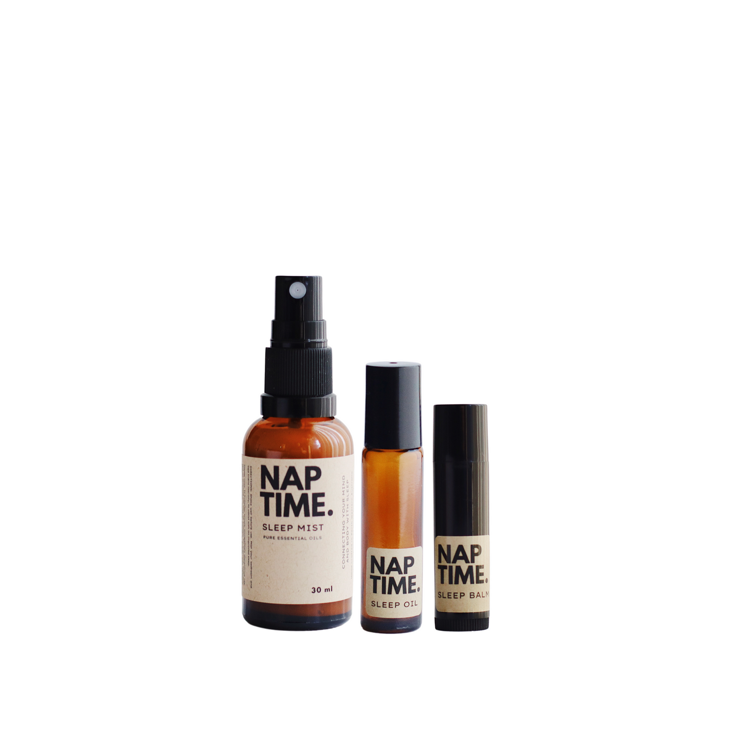 The image features Australia’s Best all natural sleep solution products. It includes one 30 ml bottle of sleep mist with spray nozzles, one smaller roller ball applicator containing sleep oil and one sleep balm stick. All products are labelled with a minimalism design, containing pure essential oils designed to promote better sleep naturally. Are you ready to sleep with me?
