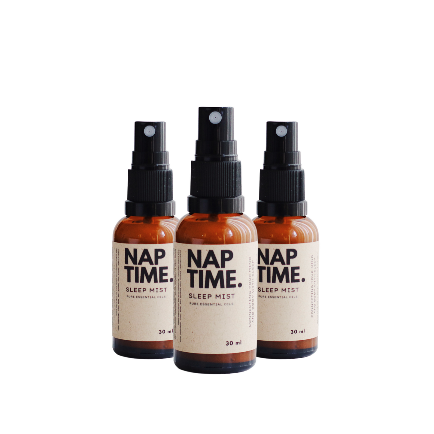 The image features Australia’s Best all-natural sleep spray “Nap Time”. It includes three 15 ml bottles of sleep mist with spray nozzles.  The Product is labelled with a minimalism design, containing pure essential oils designed to promote better sleep naturally