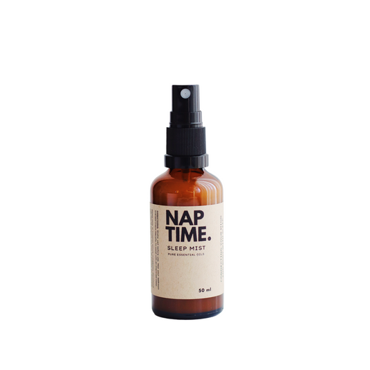 The image features Australia’s Best all-natural sleep spray “Nap Time”. It includes one 50ml bottle of sleep mist with spray nozzles.  The Product is labelled with a minimalism design, containing pure essential oils designed to promote better sleep naturally