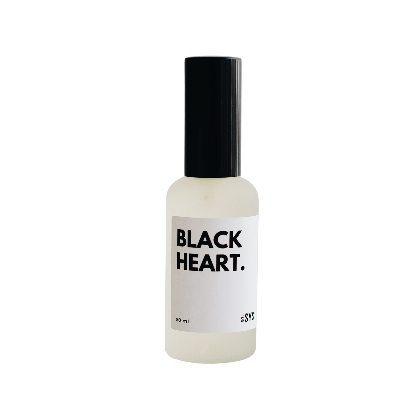 A minimalist-designed fragrance bottle labeled "BLACK HEART" in bold letters with descriptors "SPICY | FLORAL | EMPOWERED" and a 50 ml volume indication, against a clean, white background.