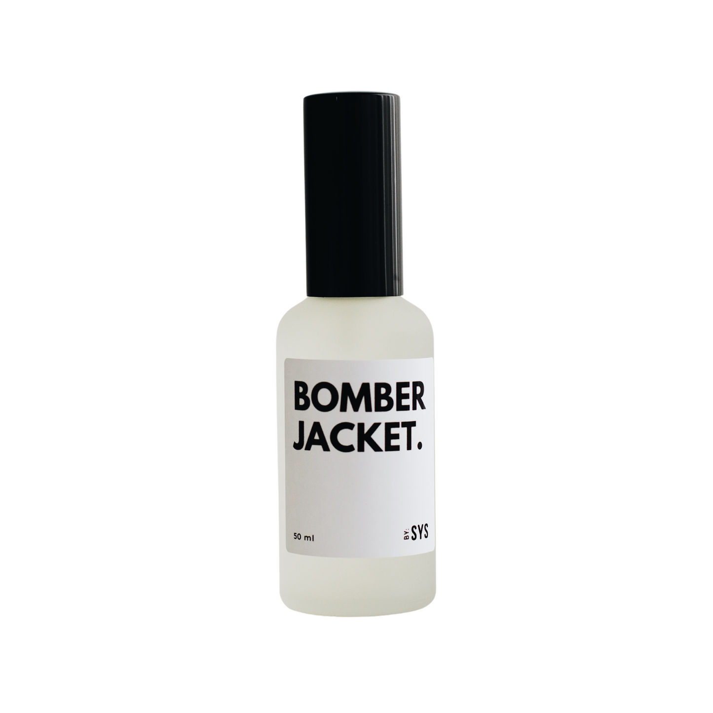 A 50 ml bottle of BOMBER JACKET fragrance with a minimalist design, featuring a matte black cap on a frosted glass bottle. The label is clean and bold with the words 'BOMBER JACKET.' prominently displayed, followed by a list of scent notes including tobacco, leather, spice, tonka, cedar, vanilla, woods, and malt.