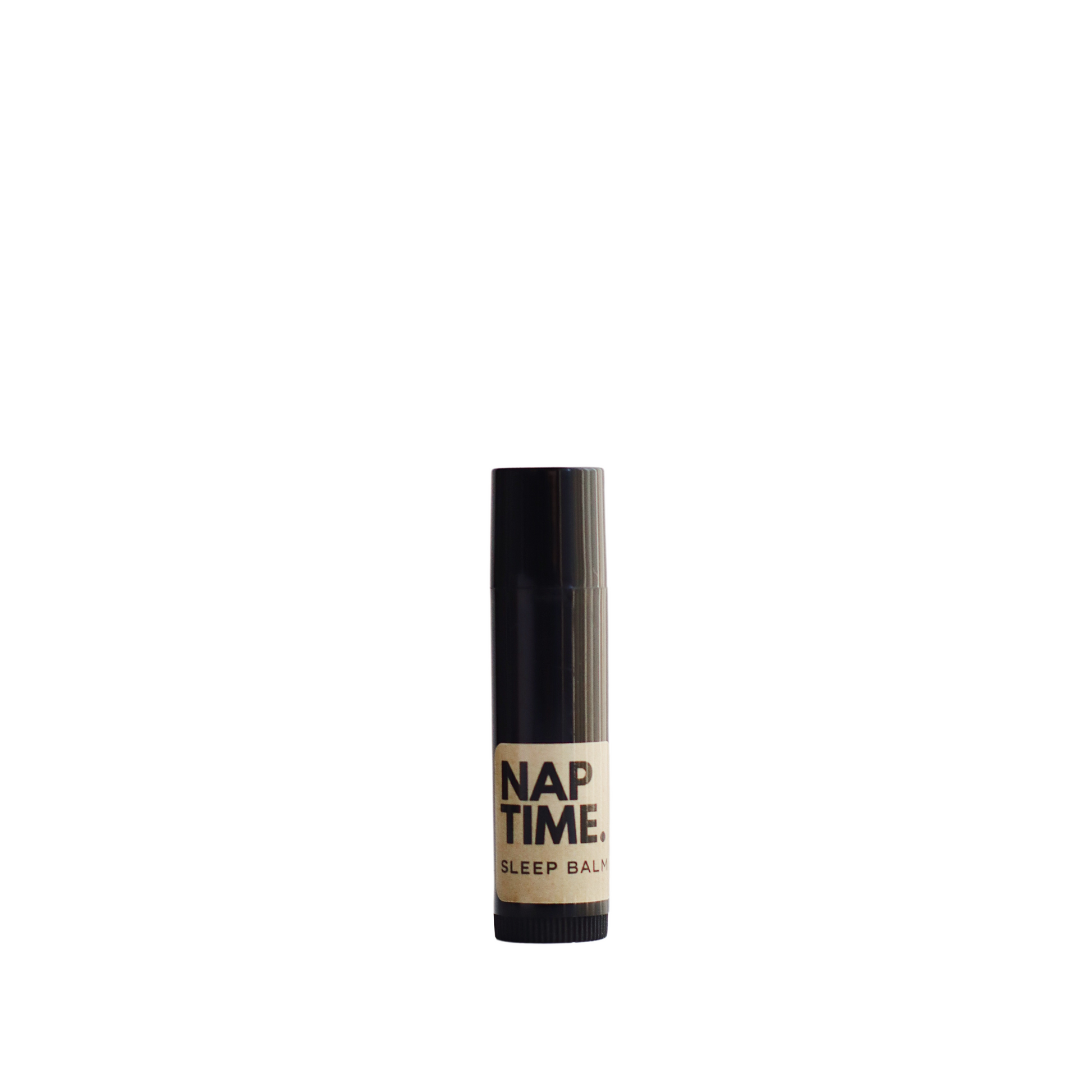 The image displays a cylindrical tube of a product labelled “Nap Time Sleep Balm.” The tubes sleek design each with a black body and cap which gives the product a modern and unisex appeal. The label on the tube has a minimalist design with a beige background and black lettering, clearly stating the product name and its designation as a sleep balm and sleep aid.