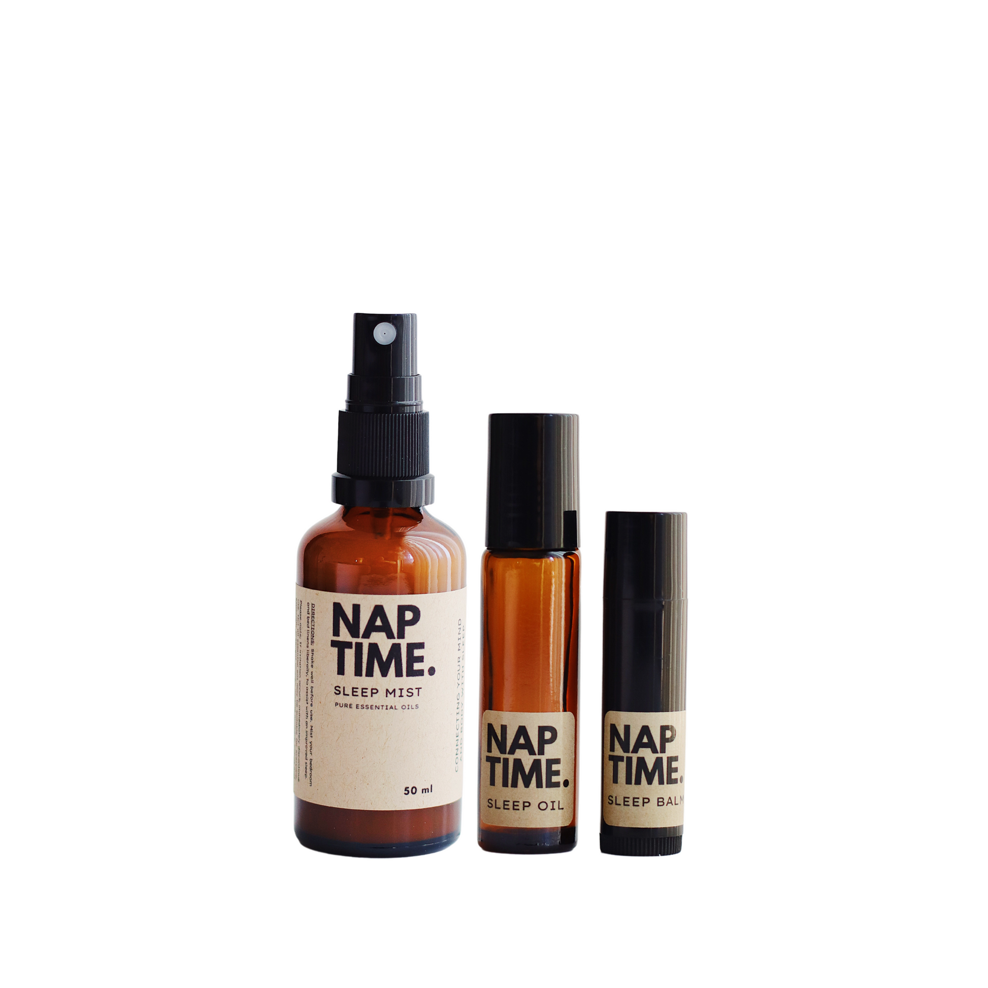 The image features Australia’s Best all natural sleep solution products. It includes one 50ml bottle of sleep mist with spray nozzles, one roller ball applicators containing sleep oil and one two sleep balm in a tube applicator. All products are labelled with a minimalism design, containing pure essential oils designed to promote better sleep.