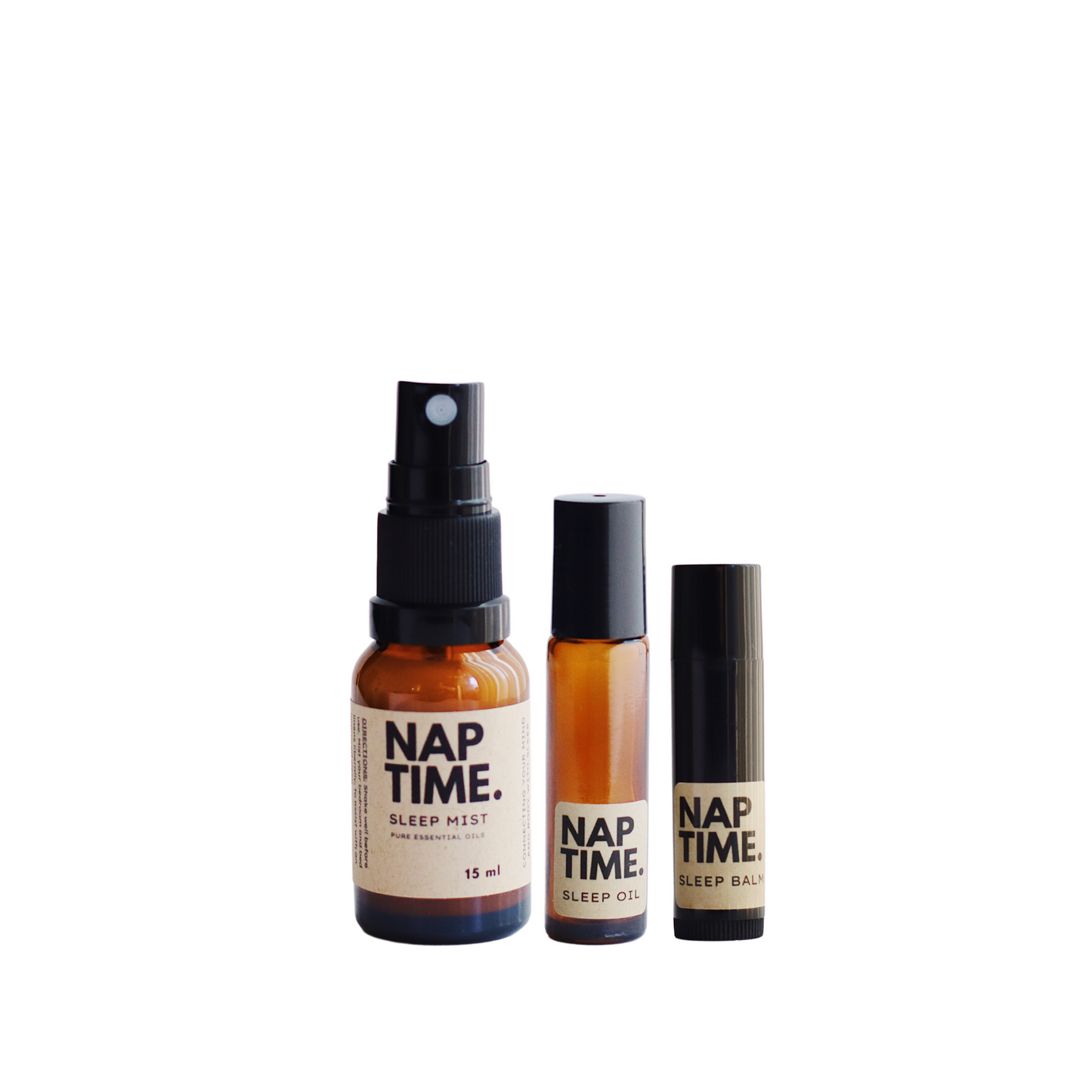 The image features Australia’s Best all natural sleep solution products. It includes one 15 ml bottle of sleep mist with spray nozzles, one smaller roller ball applicator containing sleep oil and one sleep balm stick.  All products are labelled with a minimalism design, containing pure essential oils designed to promote better sleep naturally. Are you ready to sleep with me?