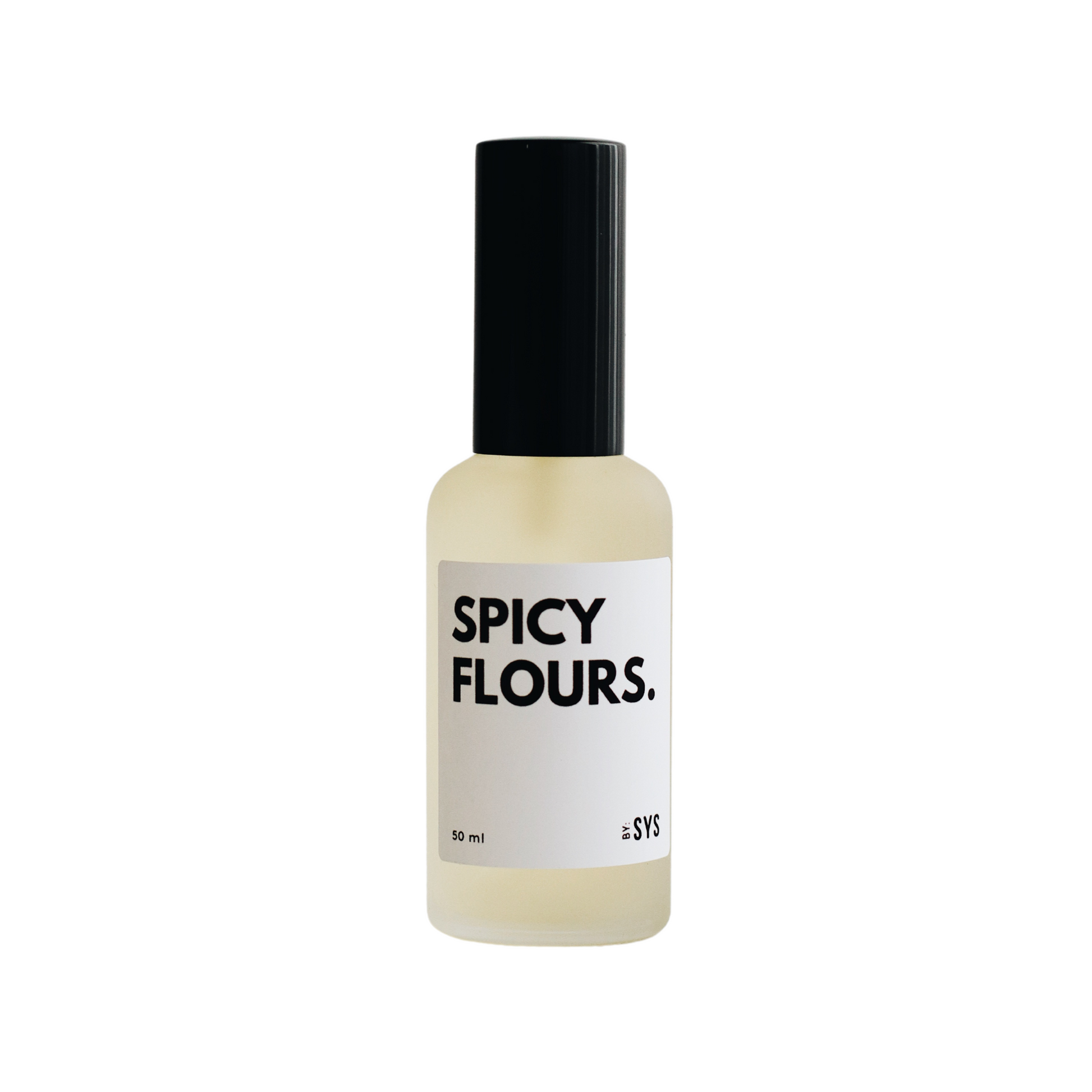 A minimalist perfume bottle with a frosted glass finish and black cap, labeled "SPICY FLOURS" in bold, centered text, indicating a unisex fragrance with notes of spiced florals, black pepper, musk, sandalwood, and leather.